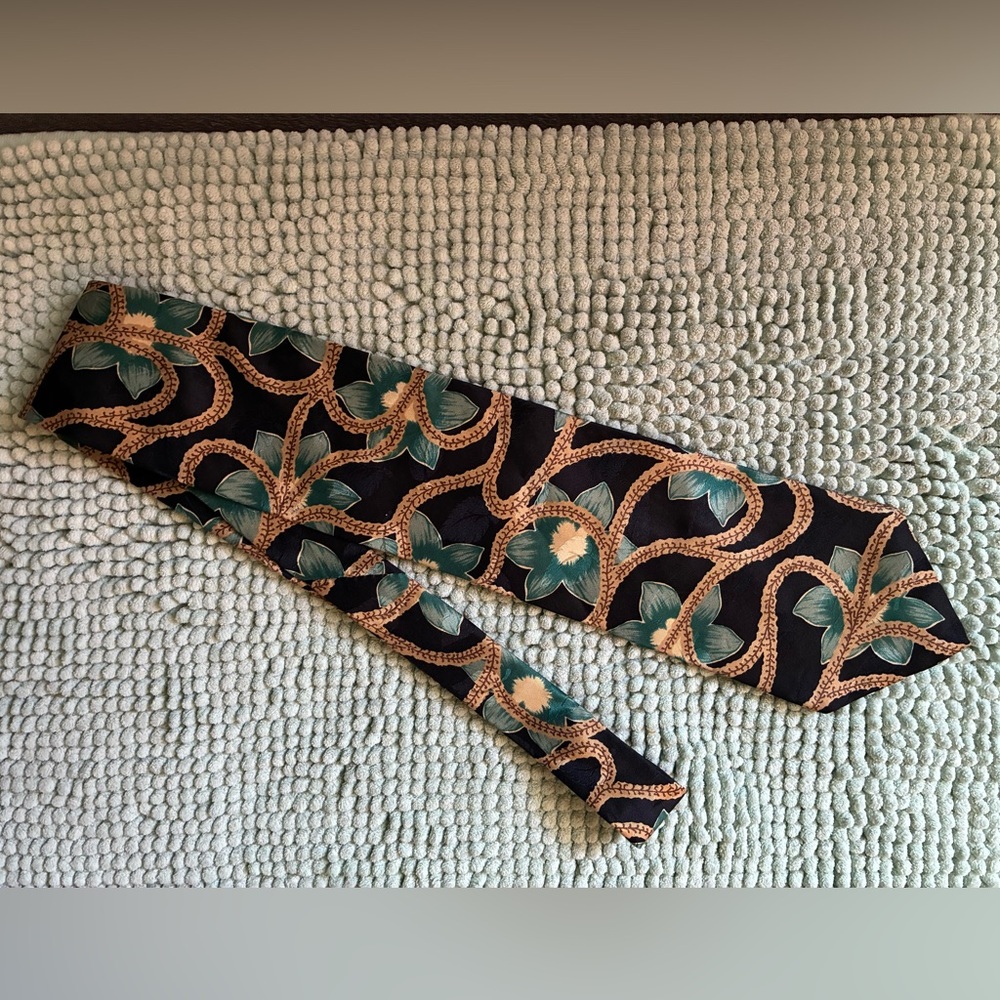 Via Manzoni Black 100% Italian Silk Tie with Teal Lotus Flowers Made in USA